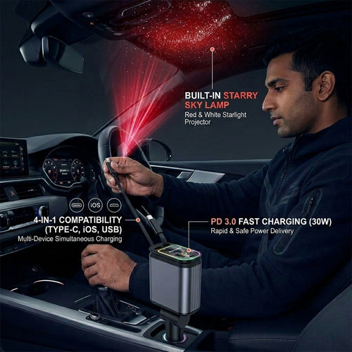 4 in 1 Starry Sky Lazer Car Charger – Fast Charging + Ambient Light Projector (Type-C, iOS, USB, PD 3.0) ₹ 899  ONLY