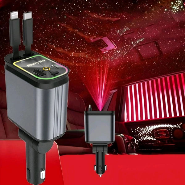 4 in 1 Starry Sky Car Charger – Fast Charging + Ambient Light Projector (Type-C, iOS, USB, PD 3.0) ₹ 899  ONLY